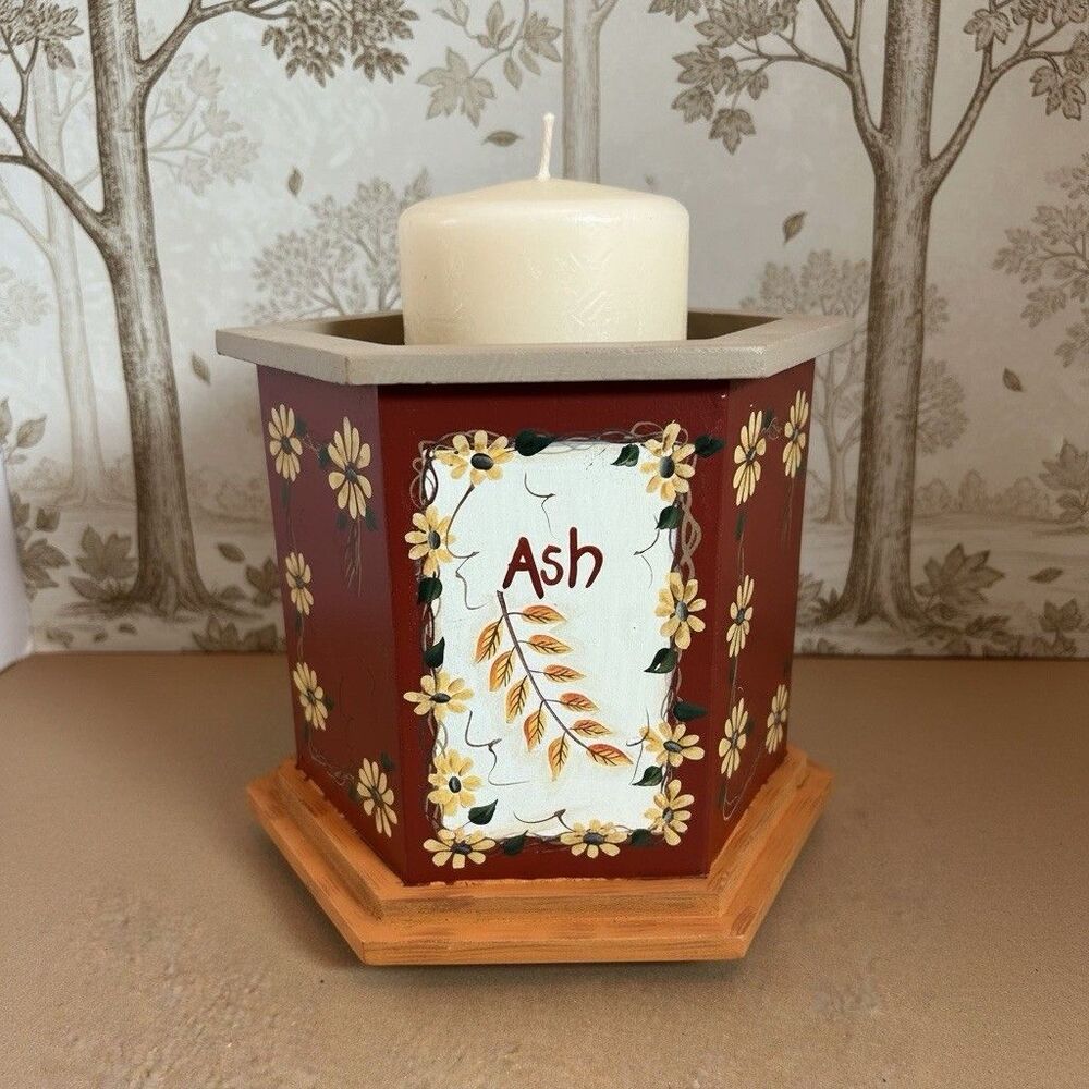 Kathy Hatch Wood Utensil Holder Planter Fall Leaves Rustic Kitchen Decor